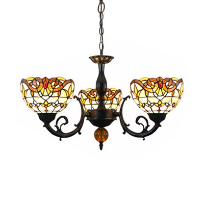 Vintage Stained Glass Chandelier With 3 Beige Bowl Shades & Chain - Bedroom Lighting