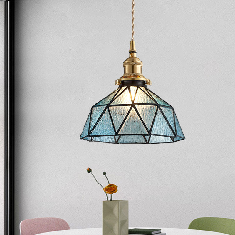 Tiffany Style Glass Pendant Lamp With Polyhedron Dome For Gallery Blue