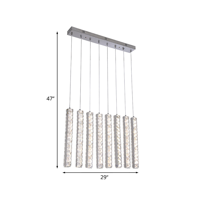 Minimalist Crystal-Encrusted Rectangle Led Hanging Light For Dining Table In Chrome