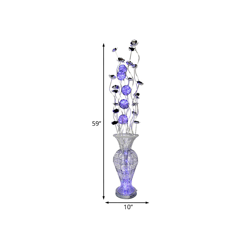 Modern Led Floor Lamp With Aluminum Blossom Design Black-Silver Finish And Purple Orb - Art Decor