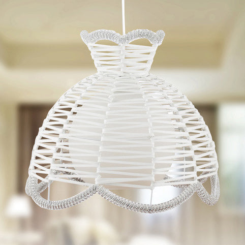 Modern 1 Light Rattan Pendant Lamp With Scalloped Shade - White