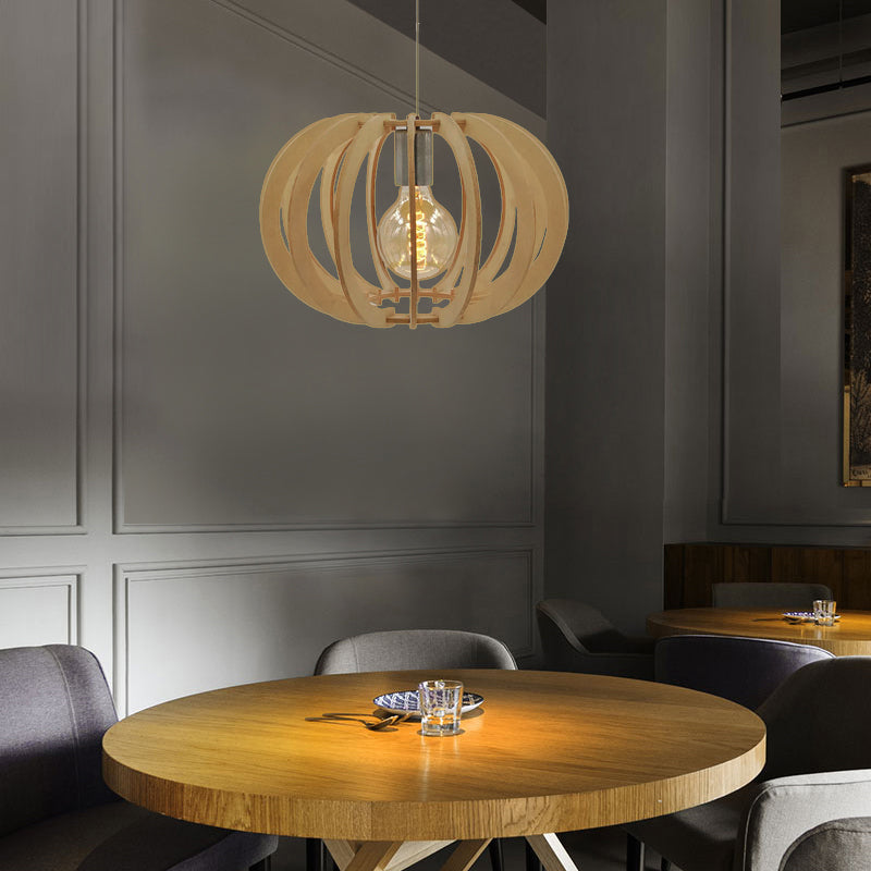 Modern Round Drum Pendant Light Fixture - Wood & Beige Restaurant Hanging Lamp