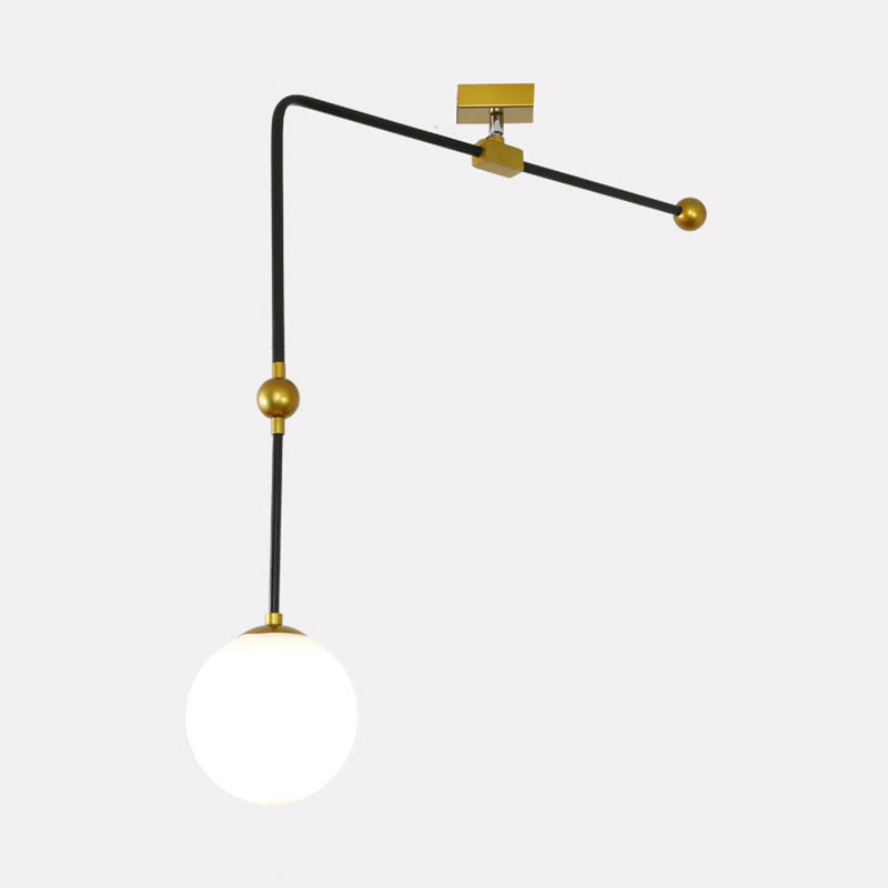 Modern White Glass Hanging Light With Adjustable Metal Rod And Black Pendant