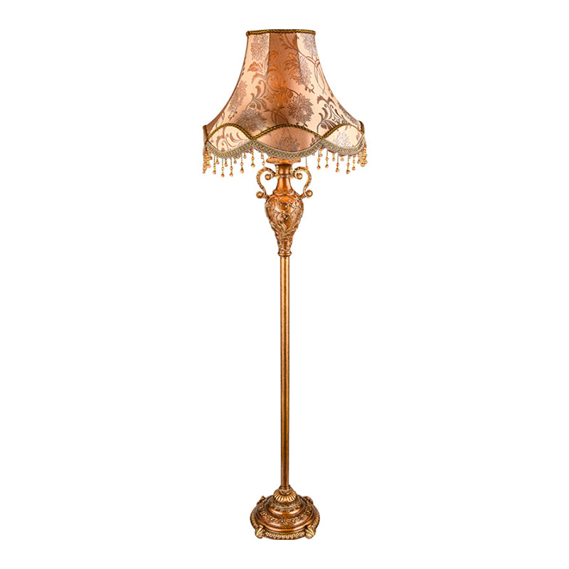 Rural Style Gold Floor Lamp With Cascading Design - 1-Bulb Tapered Shade Fabric Light