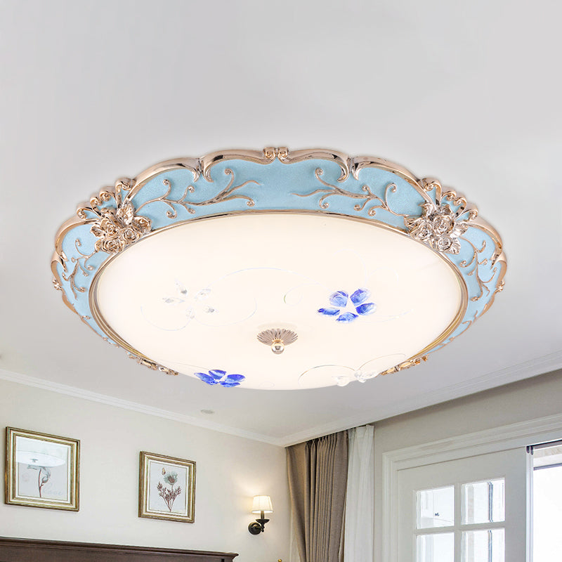 Vintage Led Flush Mount Light With Floral Shade And Opaque Glass - 13/16/19.5 Wide Blue Color