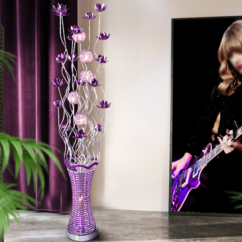 Purple Led Floral Floor Lamp With Elegant Twig Design Aluminum Vase-Shaped Decorative Standing Light
