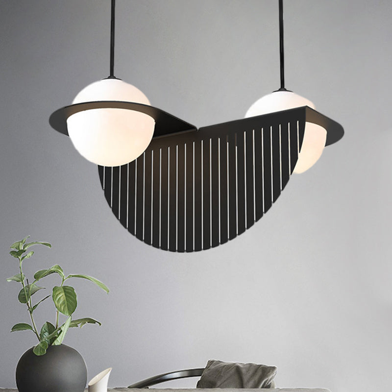 White Glass Nordic Ceiling Lamp With 2 Black Bulbs And Semicircle Decor