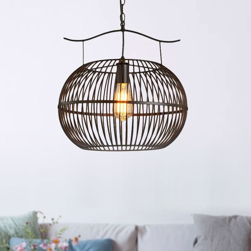 Industrial Style Wire Cage Ceiling Light With Round Shade - Black Metal Pendant Lighting For Living