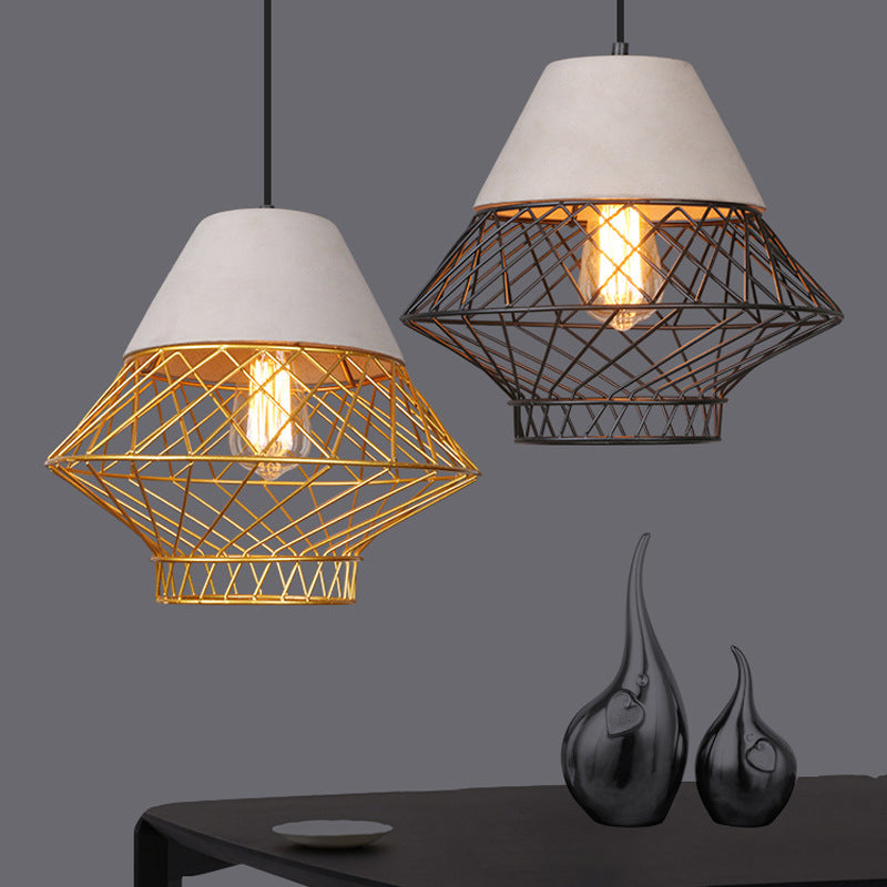 Vintage Geometric Pendant Light Fixture With Cage Shade - Black/Gold Suspension For Dining Room