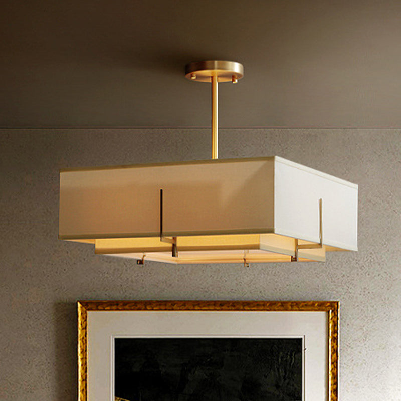 Beige Colonialism Fabric Pendant Chandelier - Square Hanging Light Fixture For Living Room
Note: