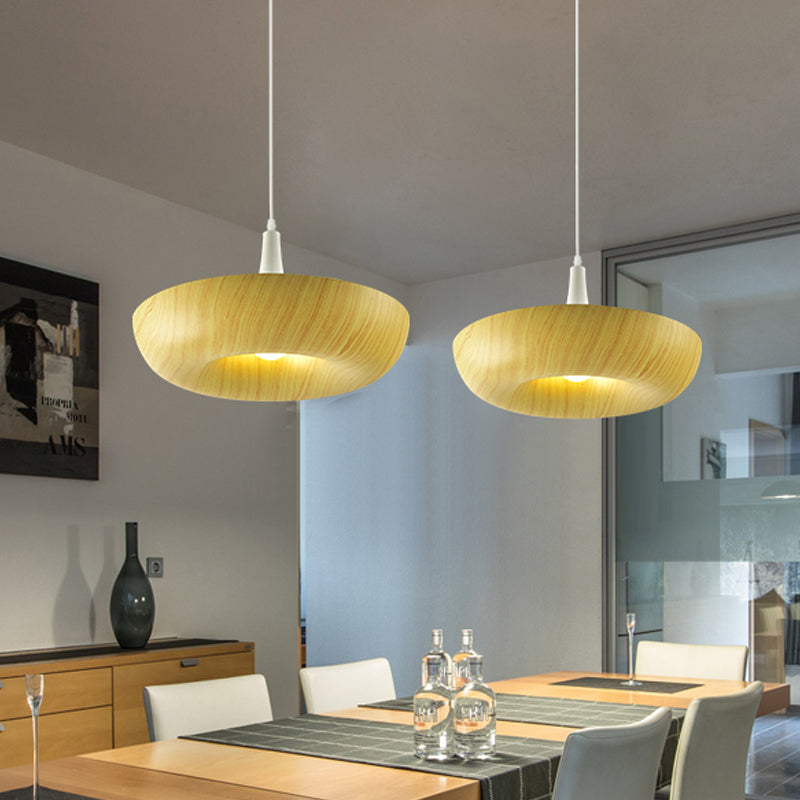 Beige Minimalist Donut Pendant Light With Wood Grain Texture: Stylish Aluminum Single Lamp For