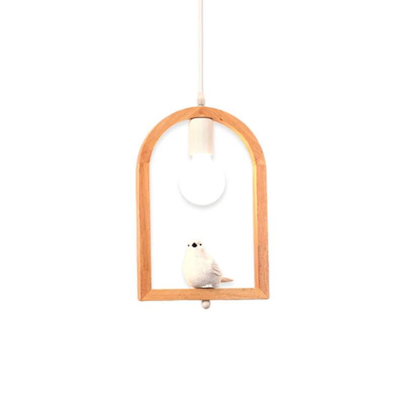 Nordic Style Resin Bird Pendant Ceiling Lamp In White With Wooden Arch Frame - 1 Light