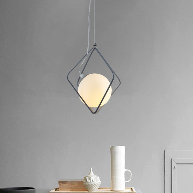Minimalist Green/Grey Rhombus Cage Pendant Light With Milk Glass Ball Shade Inside Grey