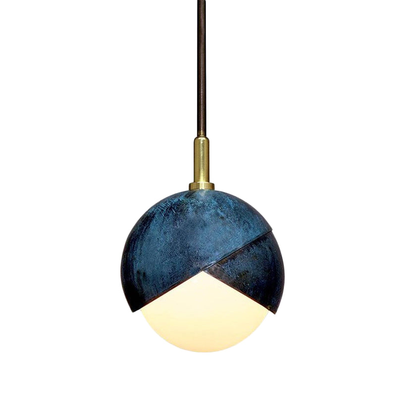 Vintage Milk Glass Mini Pendant Light With Blue Double Dome Cap - Hanging Ceiling Lamp
