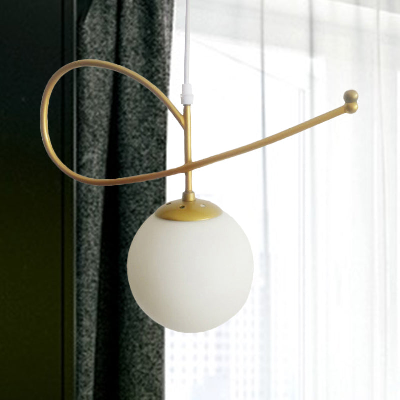 Gold Finished Bedroom Pendant Light With Contemporary Globe Shade In White Glass