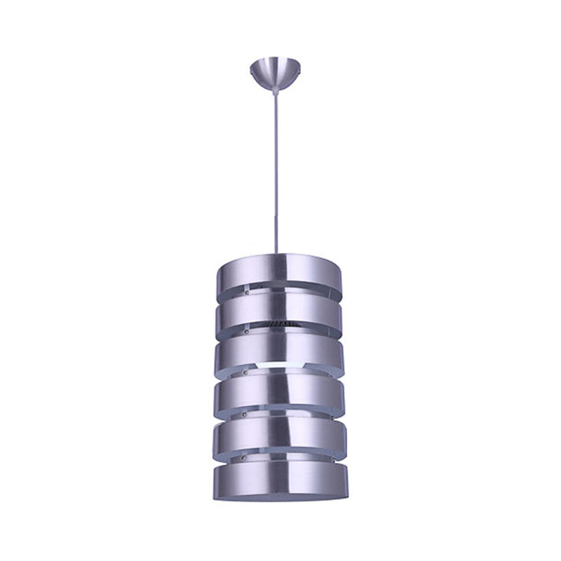 Modern Cylindrical Metal Hanging Light Kit - 1 Head Silver Pendant For Dining Room