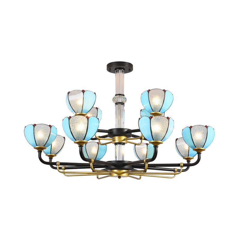 Blue Glass Scalloped Chandelier With Vintage Jewelry Pendant For Living Room