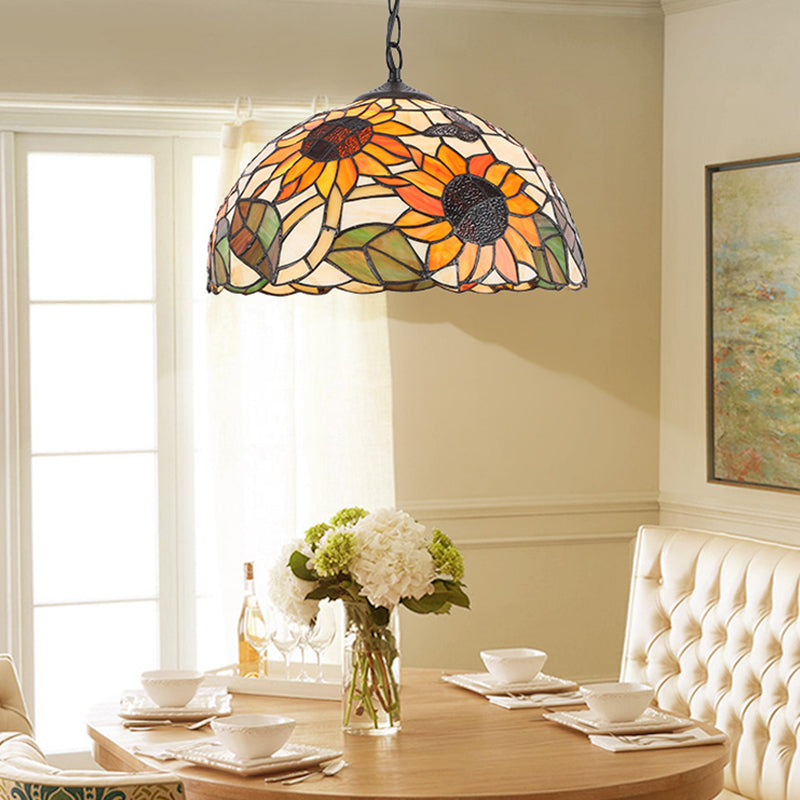 Baroque Floral Pattern Stained Glass Pendant Lamp - Black/White 1-Light Domed Hanging Light Kit For