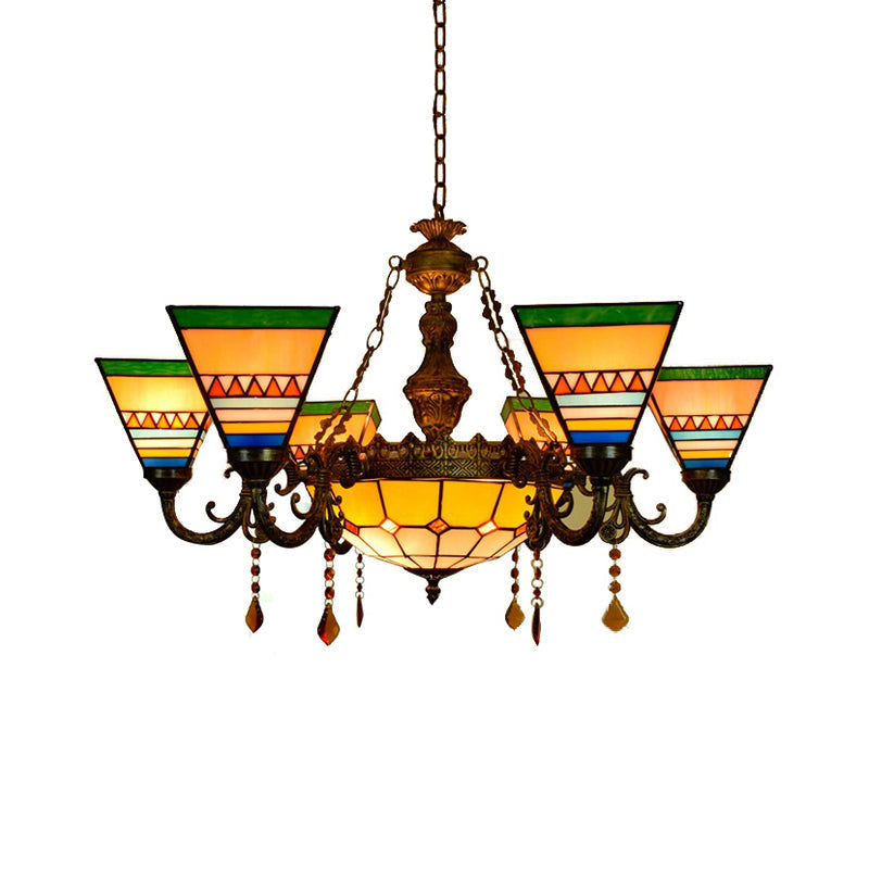 Vintage Agate Stained Glass Chandelier: Craftsman Living Room Hanging Light In Orange-Green