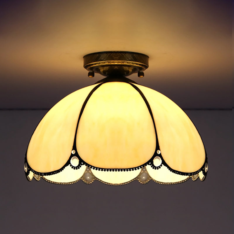 Scalloped Vintage Stained Glass Flush Mount Light - 1 In White/Beige/Blue Perfect For Living Room