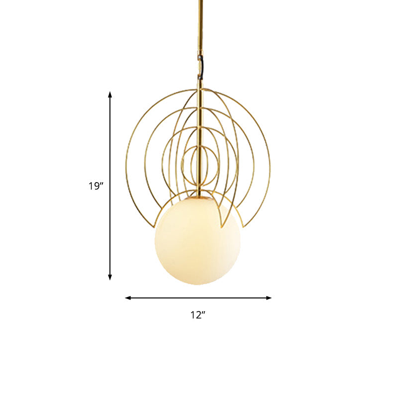 Gold Milk Glass Orb Pendant Lamp With Wire Ring - Contemporary 1-Head Suspension Light For Hotels