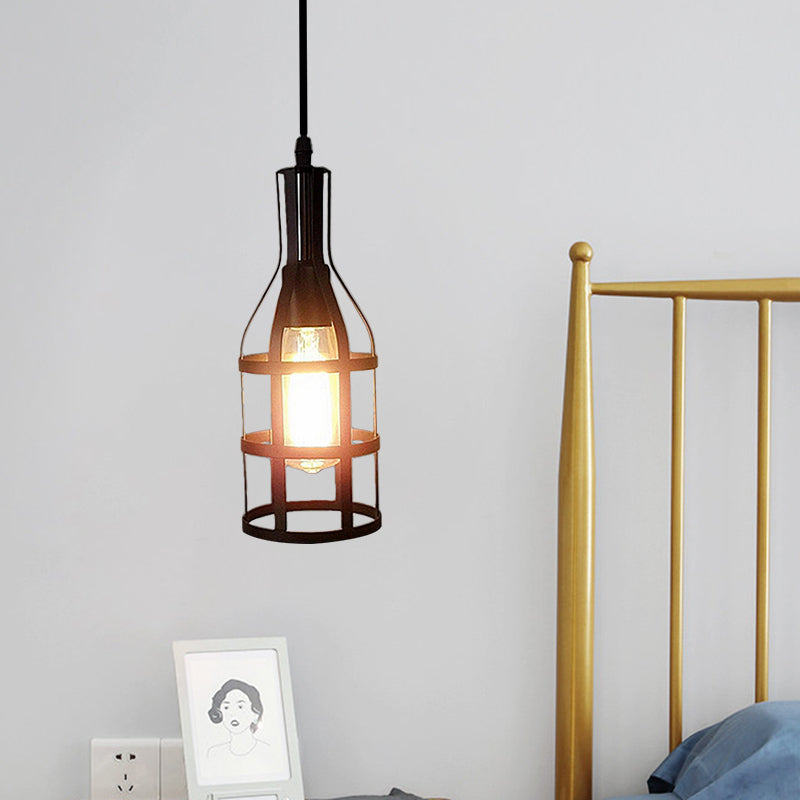 Industrial Metal Hanging Pendant Light With Wine Bottle Design And 1 Bulb In Black/Antique Brass