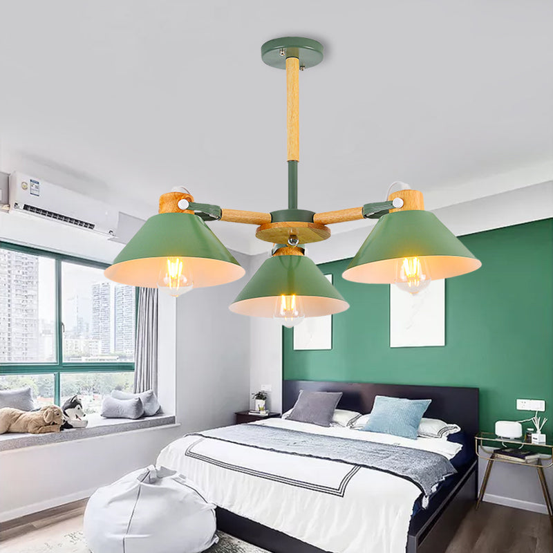 Modern Metal Wood Cone Pendant Lights - 3-Light Hanging Lamp For Hallway Green