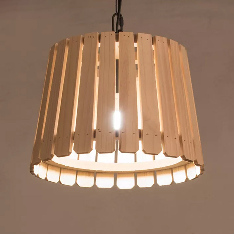 Rustic Hollowed Barrel Wood Pendant Lamp With Chain - Perfect For Hanging Over Tables