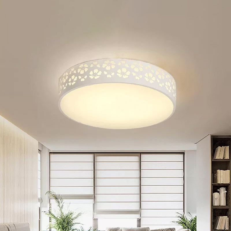 15/19 Wide Drum Metal Ceiling Lamp - Modern White Led Flush Mount Light With Cutout Flower White/3