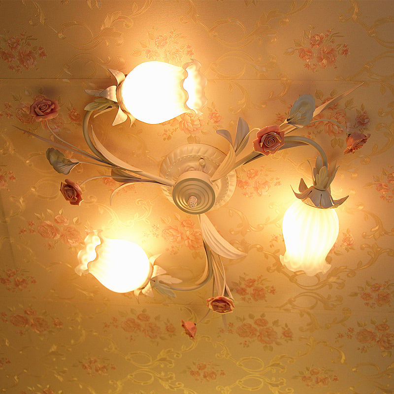 Pastoral White Frosted Glass Flower Semi Flush Mount Ceiling Light With 3 Heads