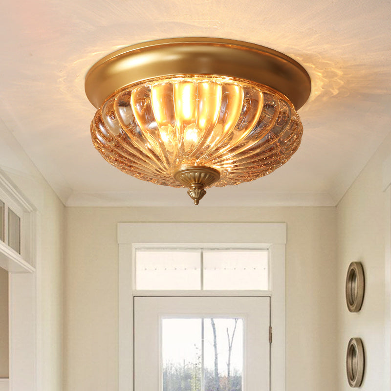 Vintage Crown Shape Flush Mount Light Fixture - 12/10 Wide Clear Ribbed Glass 2 Lights Black/Gold