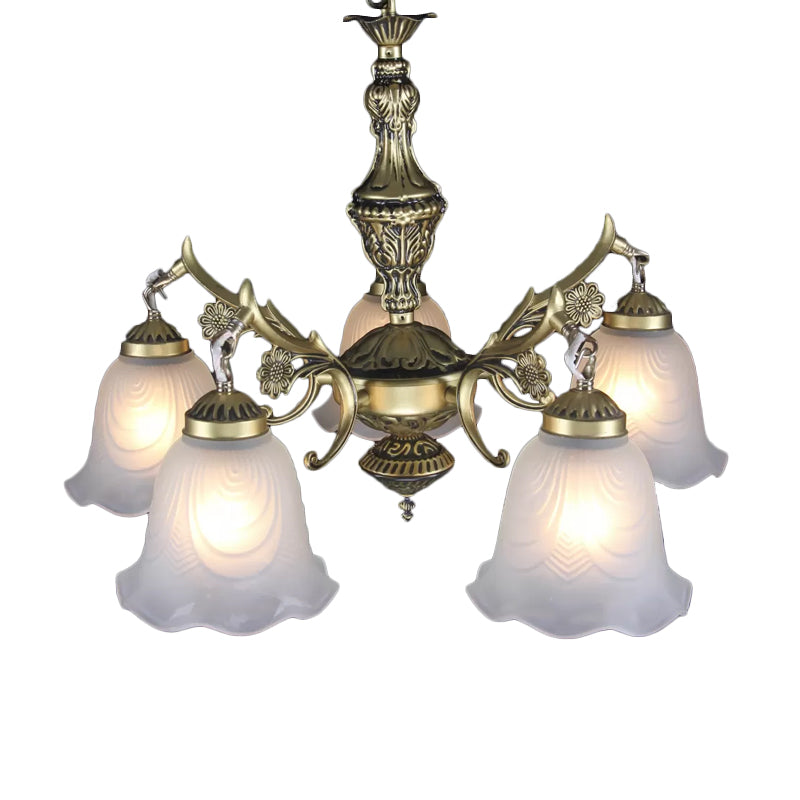 Vintage Bronze Floral Down Chandelier With Frosted Glass - 5-Bulb Dining Room Lamp