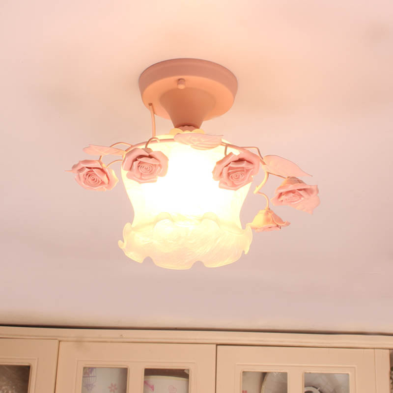 Pastoral Style Ruffle Frosted Glass Semi Flush Mount Ceiling Light - 1-Light Dining Room Lighting In