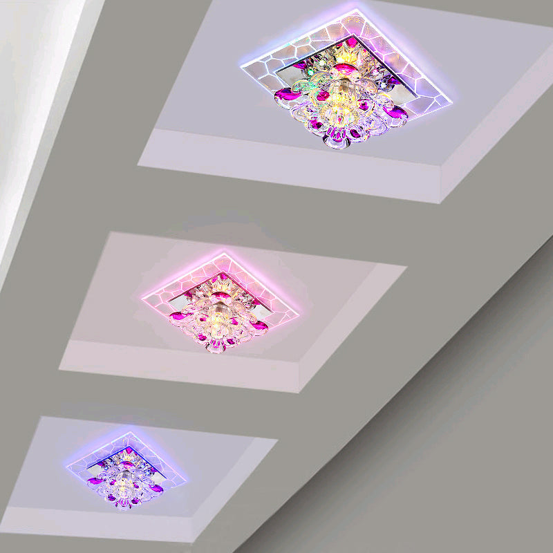 Nordic Crystal Flush Mount Light: Floral Led Purple Ceiling Fixture For Corridor / Blue