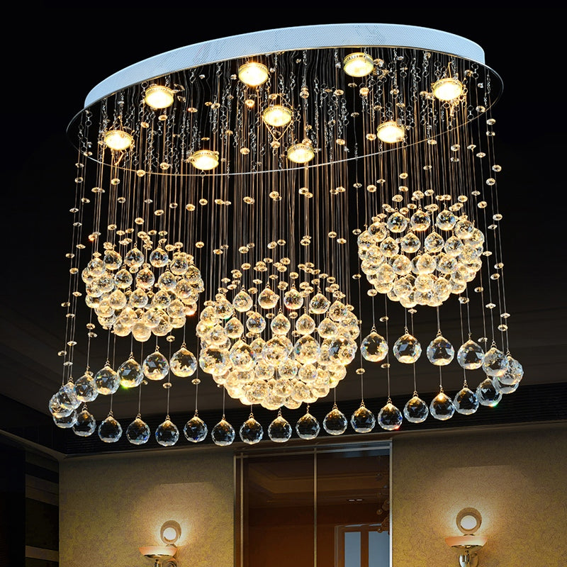 Contemporary 9-Bulb Crystal Drape Flushmount Ceiling Light For Bedroom - Modern Stainless Steel