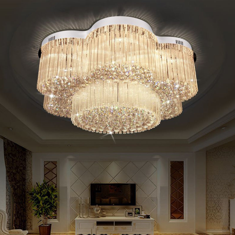 Contemporary Stainless Steel Crystal Flush Mount Lamp With 15-Bulb Flower Design For Living Room