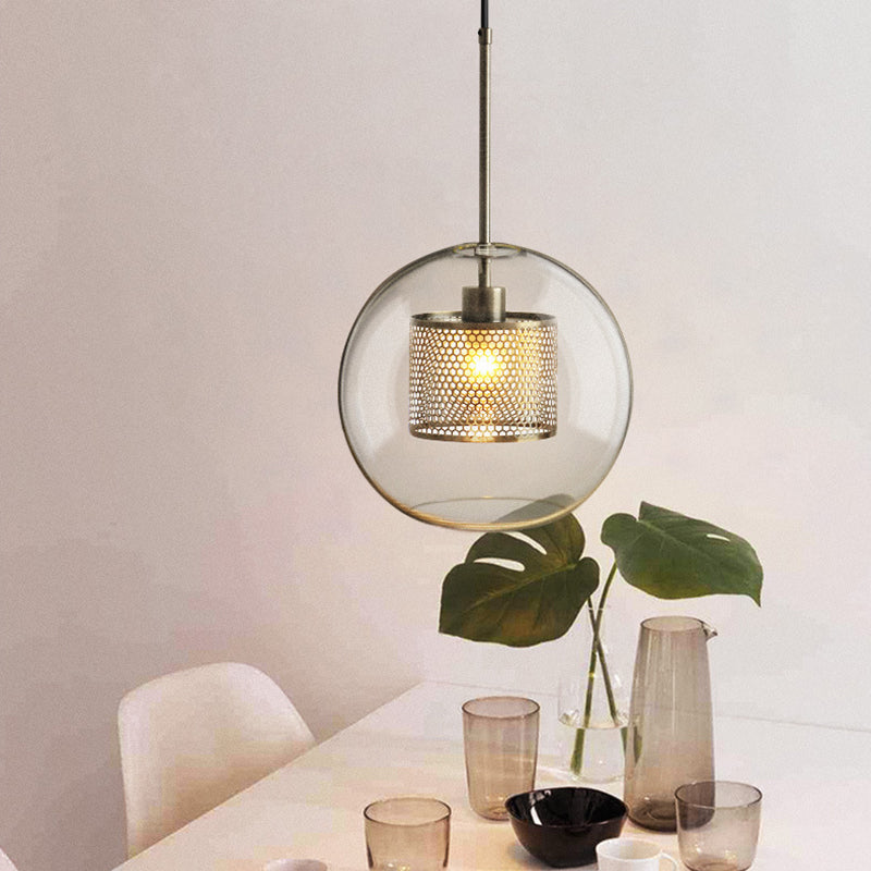 Modern Clear Glass Orb Pendant Light With Mesh Cage - 1 Head Hanging Ceiling Lighting Silver Gray /