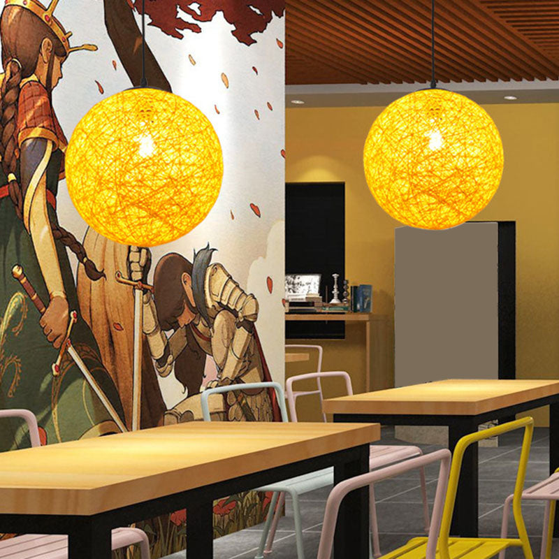 Handwoven Globe Pendant Light - Rattan 1 Bulb Asian Style Hanging Lamp Kit Yellow