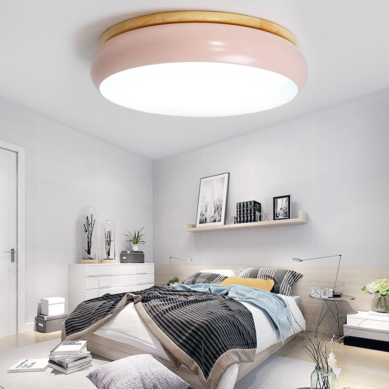 18"/21.5" Dia LED Flush Mount Drum Lamp in Macaron Wood White/Pink/Green - White/Warm/Natural Light