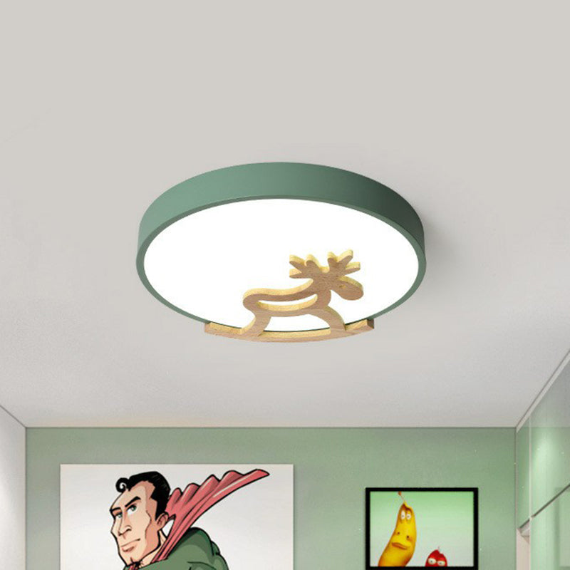 Metallic Nordic Circle LED Flush Mount with Wooden Hobbyhorse for Bedroom Ceiling Lighting