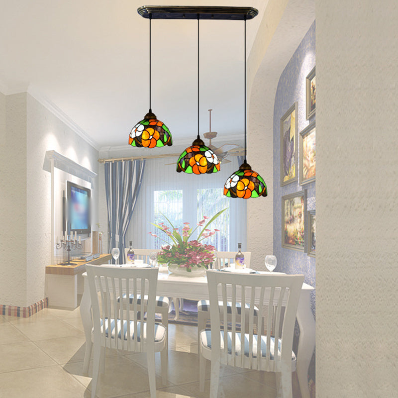 Dome Shade Stained Glass Pendant - Vintage Style With 3 Bulbs Orange Hanging Lighting / Linear