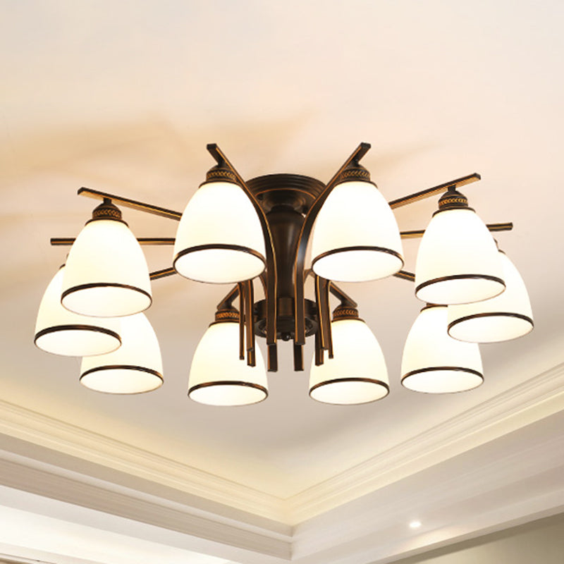 Black Retro Bell Flush Mount Light With Frosted Glass - Semi Chandelier For Living Room 10 /