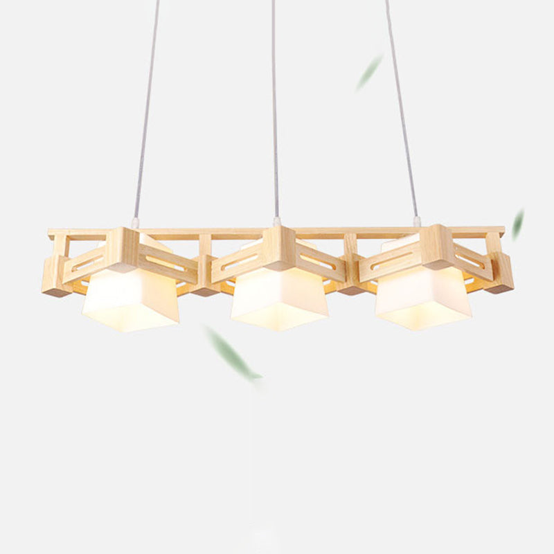 Japanese Hanging Light: Trapezoid Cream Glass 3-Bulb Pendant For Dining Room Or Kitchen Island Wood