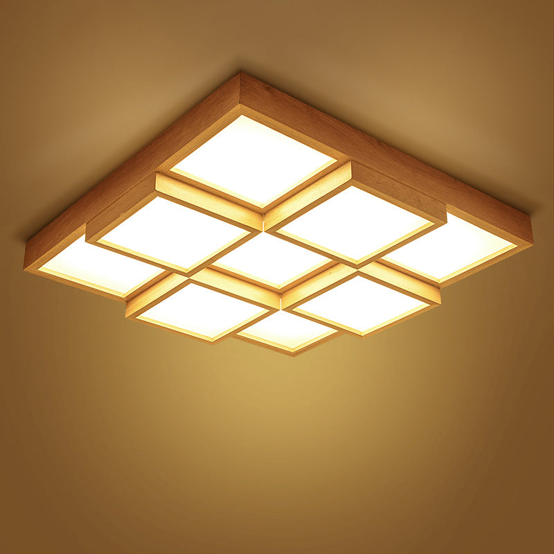 Nordic LED Wood Flush Mount Ceiling Light with Acrylic Splicing Squares