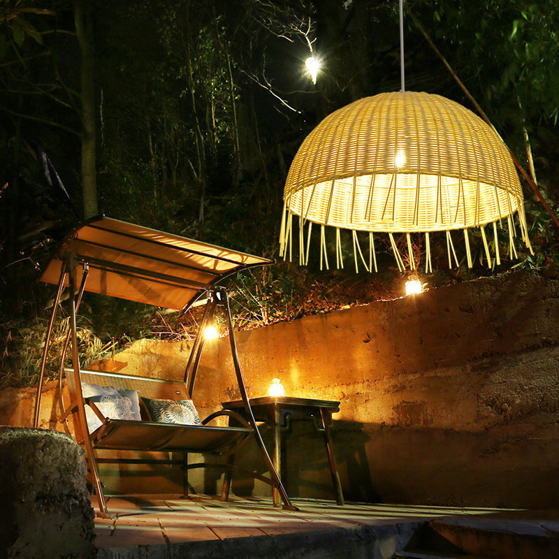 Minimalist Rattan Dome Pendant Ceiling Light For Restaurants - Wood Finish