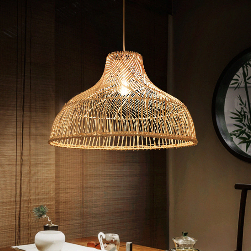 Contemporary Hat-Shaped Rattan Pendant Light – Tea Room Hanging Lamp in Wood Finish