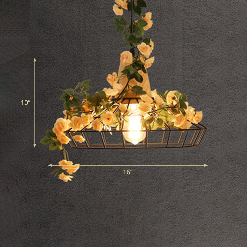 Vintage Caged Hanging Lamp 1-Light Iron Pendant With Artificial Orange Pink Rose