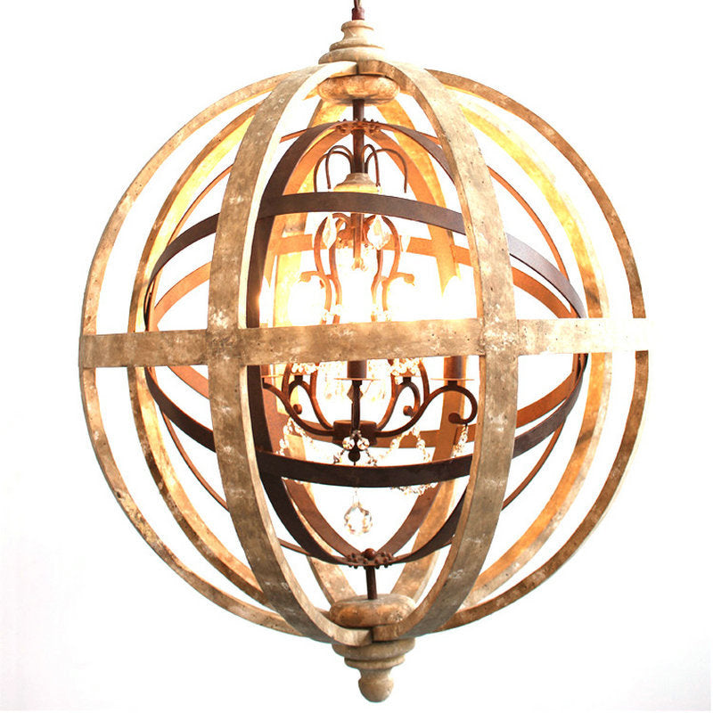 Vintage Distressed Wood 4-Bulb Chandelier Pendant Light For Dining Room