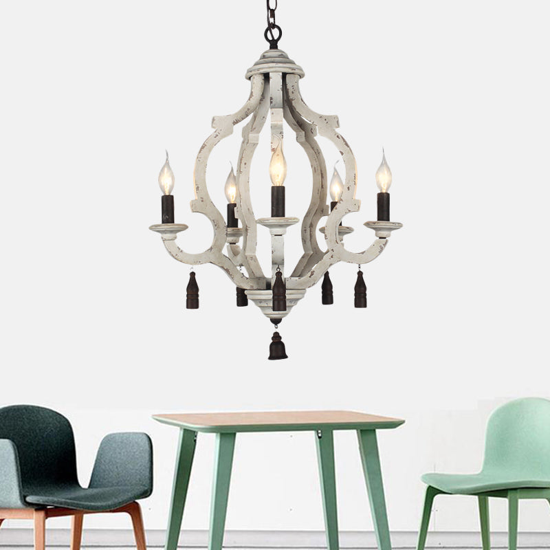 Traditional Wood Ceiling Light: 5-Light Dark/Wood/White Lantern Chandelier For Bedroom White