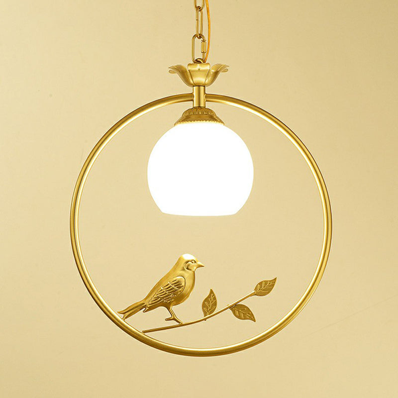 Rustic Metal Pendant Light With Milk Glass Dome Shade - Country Style Hanging Lamp Gold